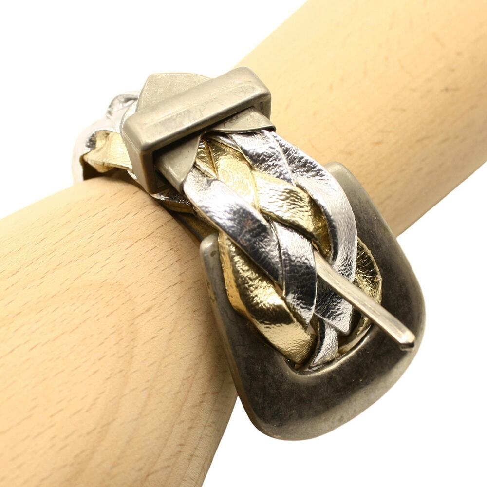 Vintage Gold Silver Braided Faux Leather Bracelet w Buckle Adjustable - Hey Viv